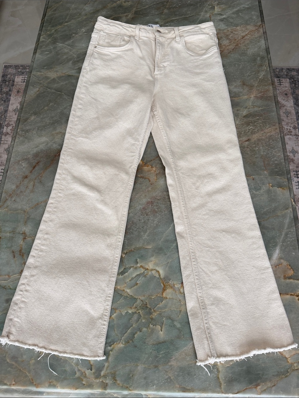 Zara Cream Cropped Ankle Jeans with Raw Hem